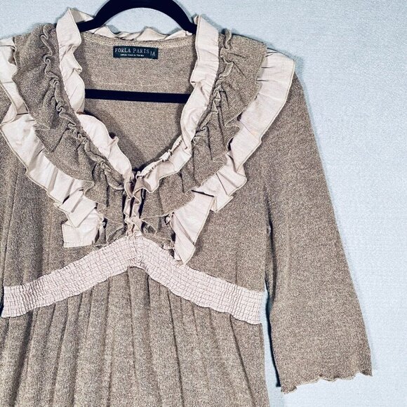 Forla Paris Midi Dress M Beige Cotton Blend Crinkle Pleat Fairycore - Picture 3 of 13